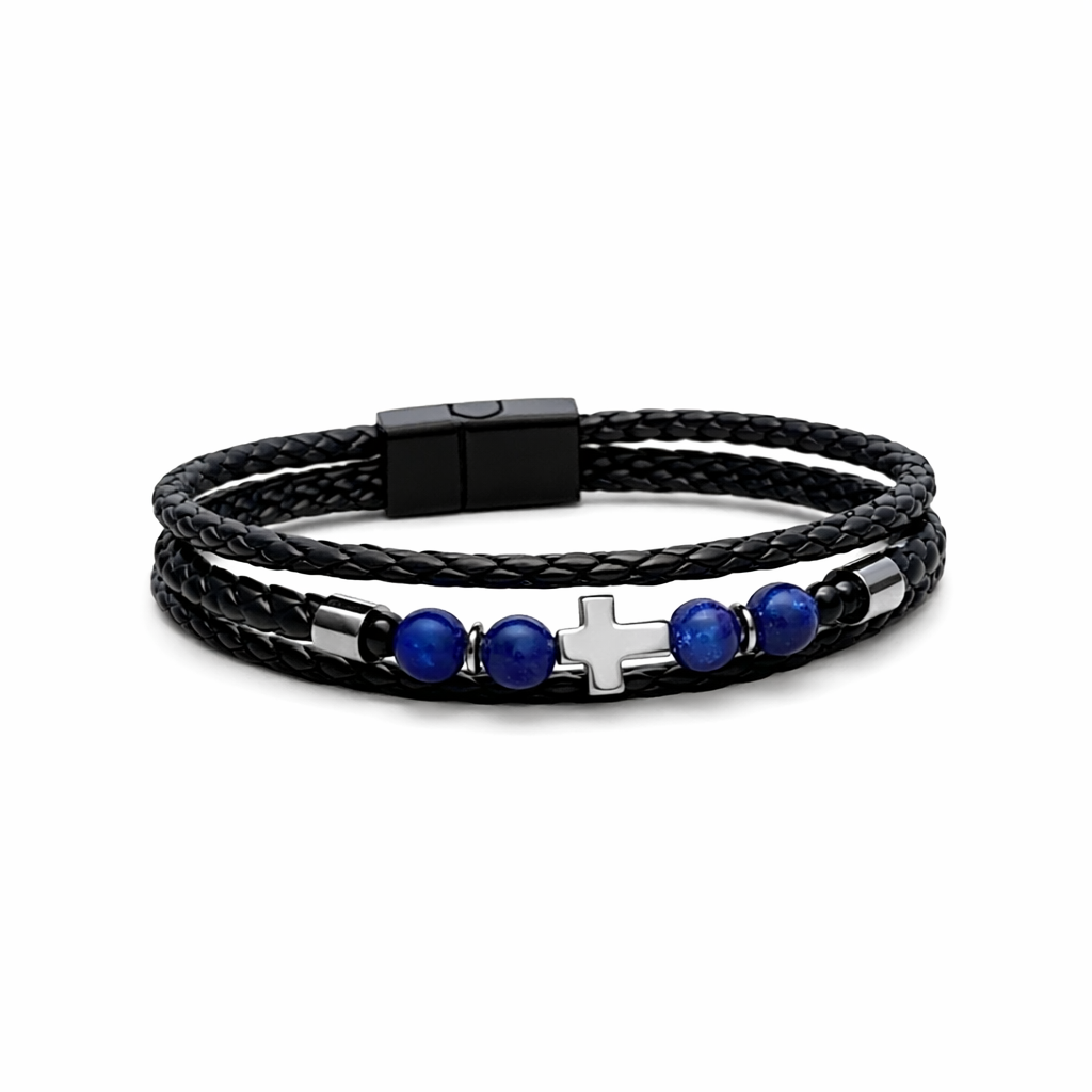 Великденска  промо цена – Мъжка кожена гривна с лапис лазули и сребърен кръст